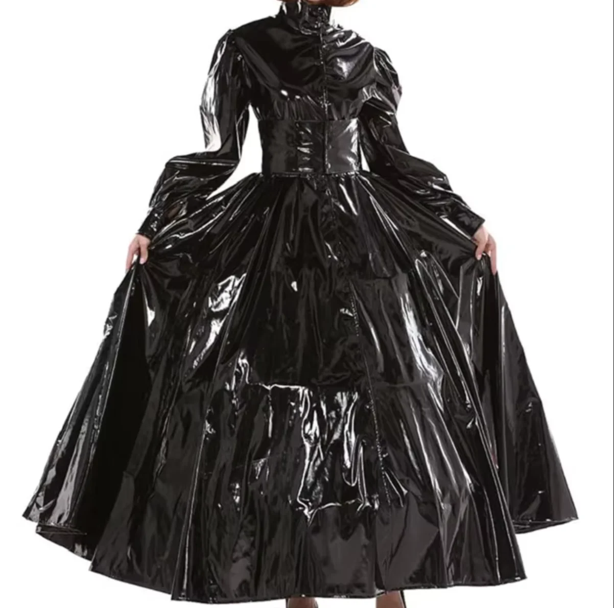 

French Sexy Adult Custom Fetish Cross Dressing Sissy Black Glossy PVC Waist Tied Long Sleeved Gothic Dress