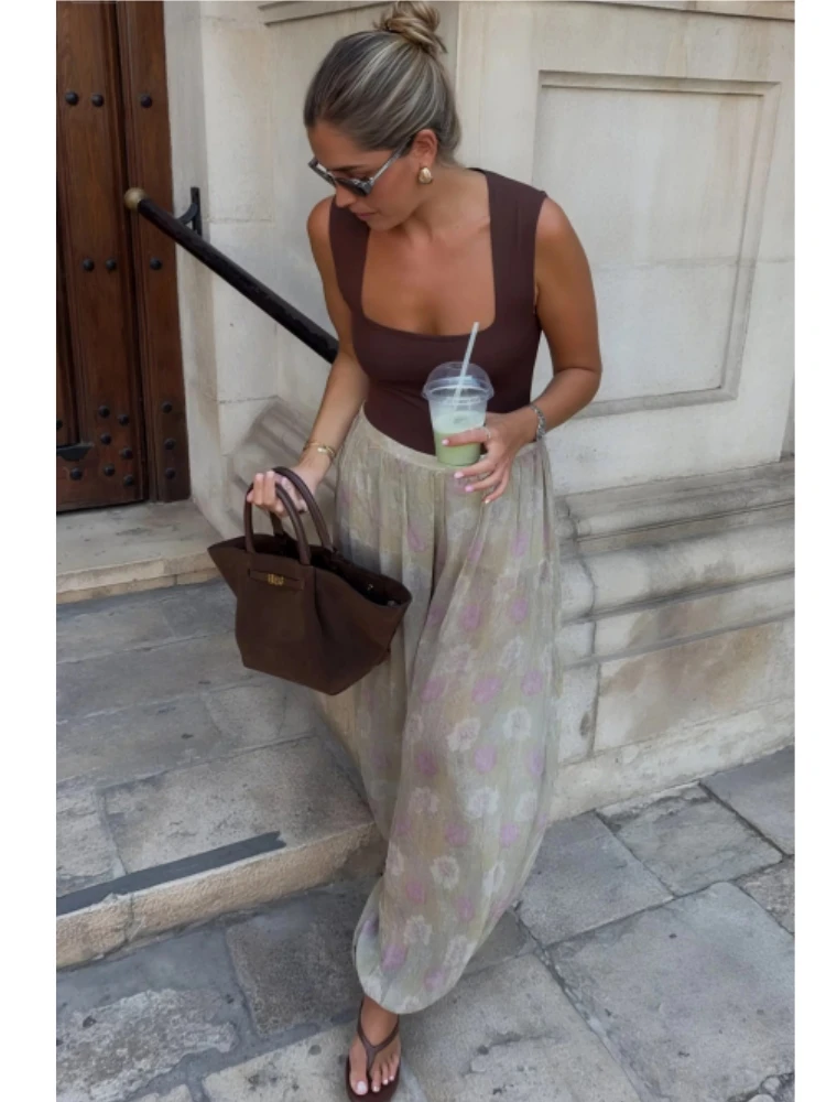 Women Floral Print See Though Wide Leg Trousers 2025 New Summer Casual Pleated Loose Bloomers Female Holiday Beach Long Pants