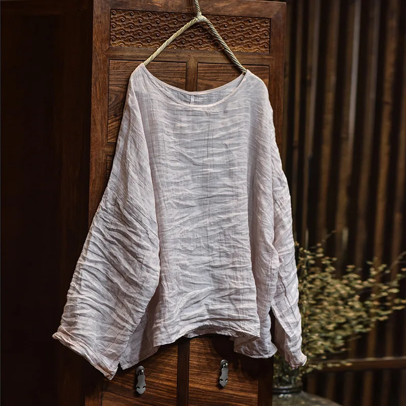 Women O Neck Long Sleeves Chemises Loose Thin Ramie Blouse Ladies Artist Vintage Ramie Shirt Female 2023 Summer and Spring Tops