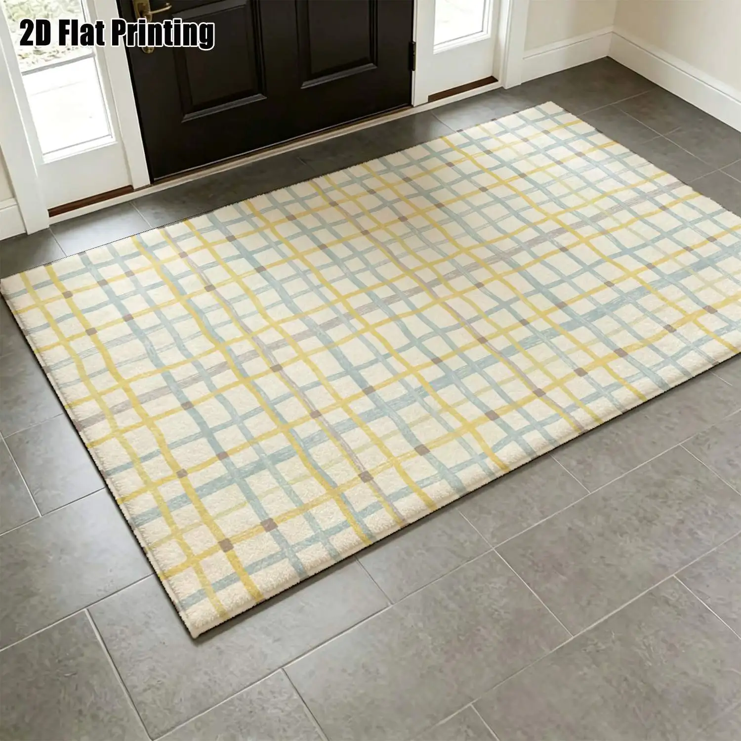 1Pc 2D Printed Light Yellow & Gray-Blue Plaid Nordic Modern Minimalist Geometric Striped Carpet, Machine Washable, Multi-Size, Home Decor for Entrance, Dining, Foyer, Bedroom, Study, Living Room