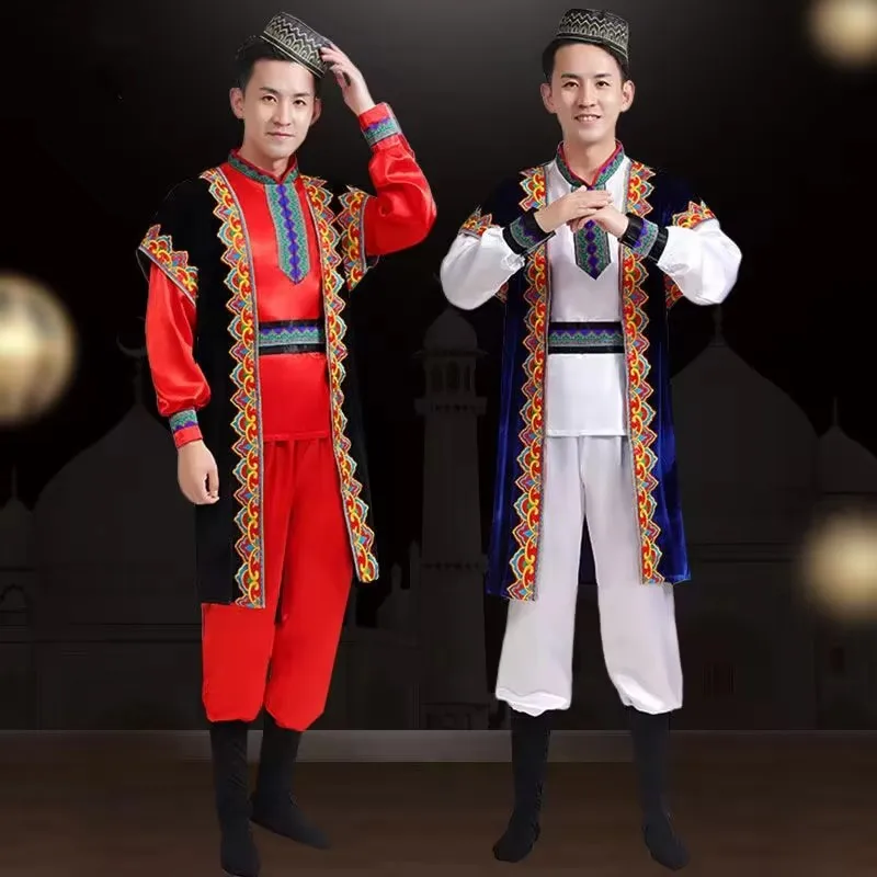 Strój narodowy kazaków dla mężczyzn, czerwono-niebieski, Xinjiang, vintage, ubrania do tańca ujgurskiego, długi rękaw, odzież etniczna dla mniejszości narodowych.