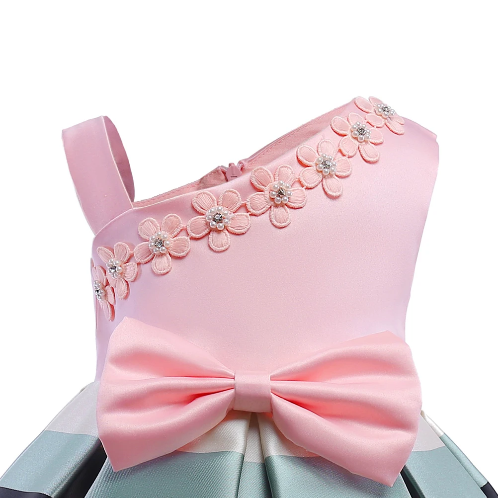 

One-shoulder Strap Kids Skirt Child Dress Long Horizontal Stripe Cotton Lined Polyester Safe Comfortable for 3-8 Years Old Girls