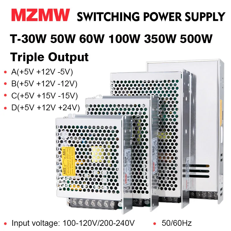 MZMW 30W 50W 60W 100W 350W 500W Triple Output Switching Power Supply AC/DC 5V 15V -15V 12V 24V Driver Transformer Three-way SMPS