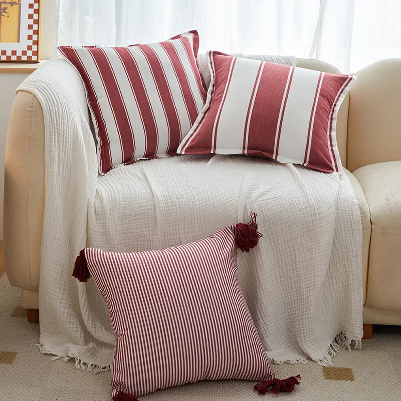 Classical Striped Cushion Cover 45x45cm Hawthorn Red Ivory Recycle Polyester Fabric Pillow Cover Indoor Outdoor Home Decoration