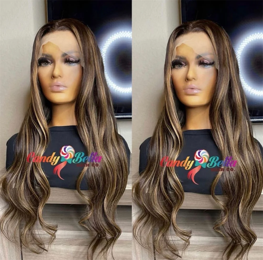 

Парик с темными корнями, коричневым омбре и волнистыми прядями, 13x4, с кружевной передней частью, из синтетических волос, для женщин, в стиле Body Wave, подарочный парик для женщин