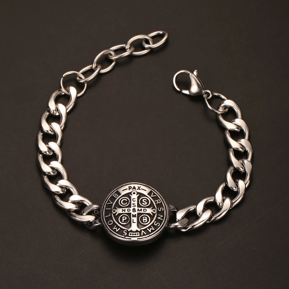 1PC INGX Vintage Saint St. Benedict Bracelets for Men Chains Stainless Steel San Benito Bracelet Man Spiritual Protection