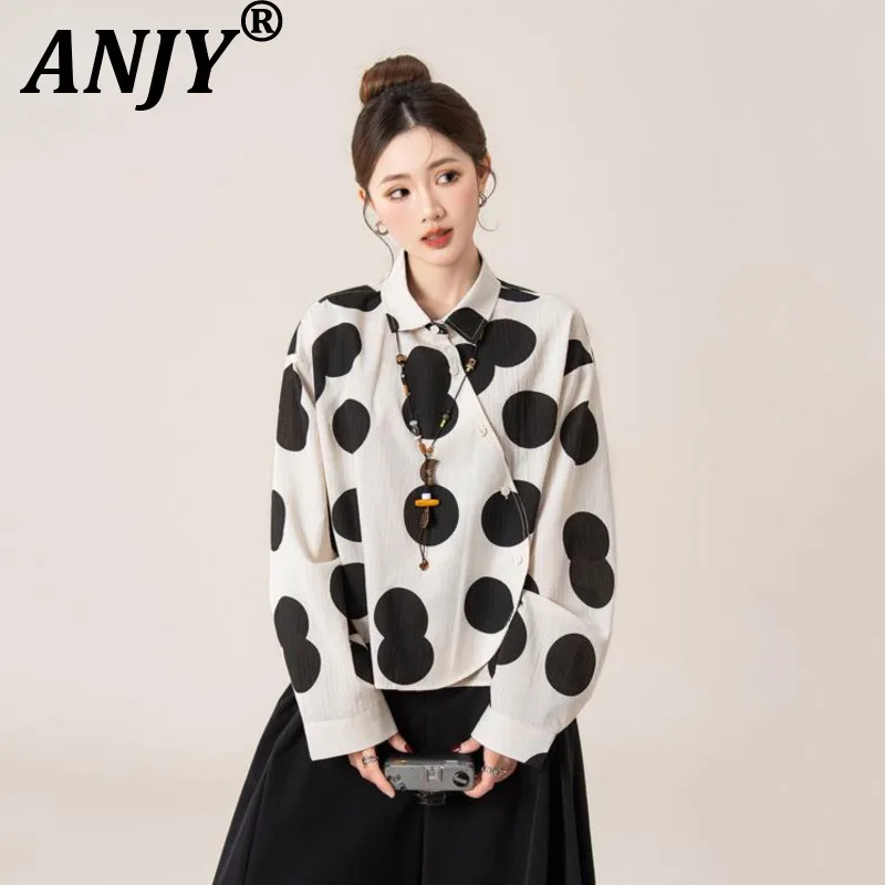 

ANJY Spring Autumn New Women Asymmetrical Polka Dot Vintage Casual Shirt Trendy Fashion Loose Niche Contrast Color Blouse A20790