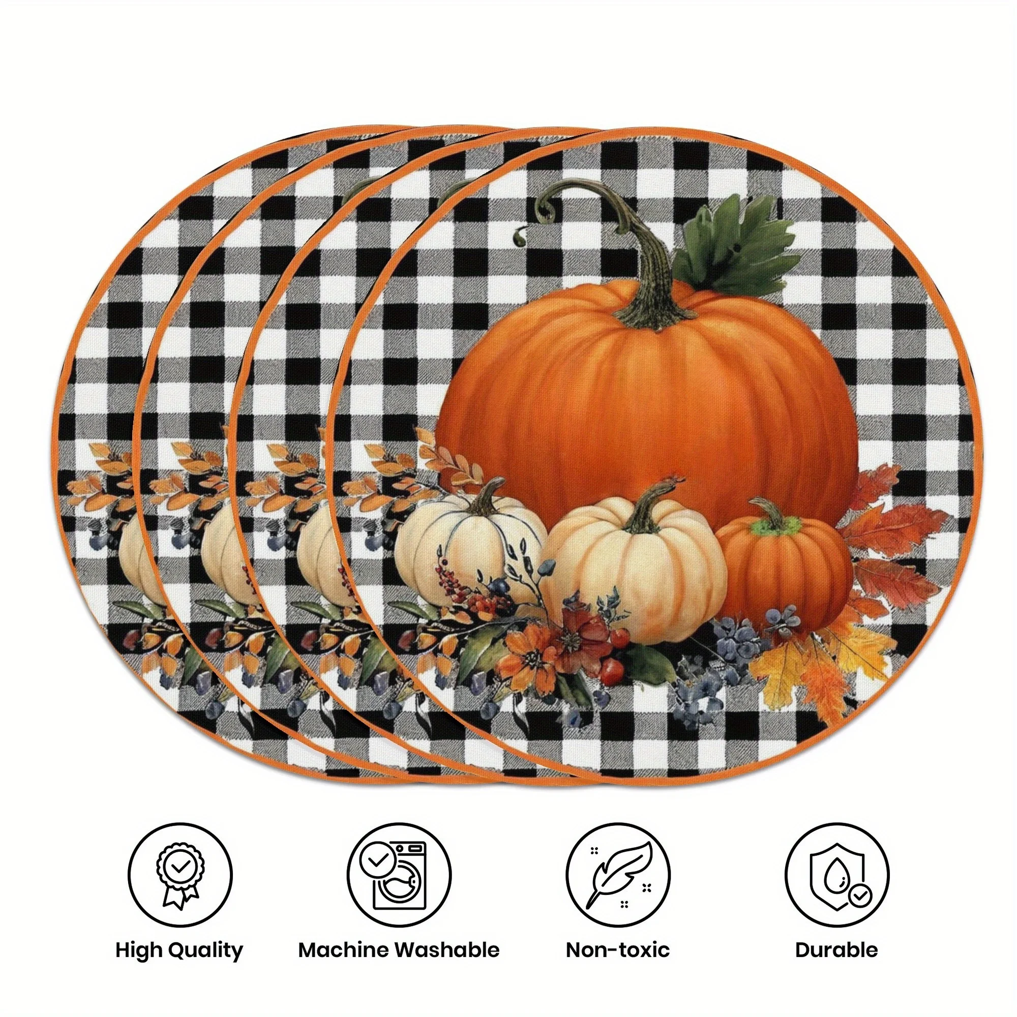 VIKAMA Round Fall Placemats Pumpkin Buffalo Plaid Linen Mats Heat‑Resistant Washable for Thanksgiving Dining Table Decor - view 6