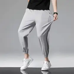 New Men'S Korean Fashion Casual Summer Thin Quick Drying Ice Silk Straight Pants Loose Sports 9-Point Trousers Boy