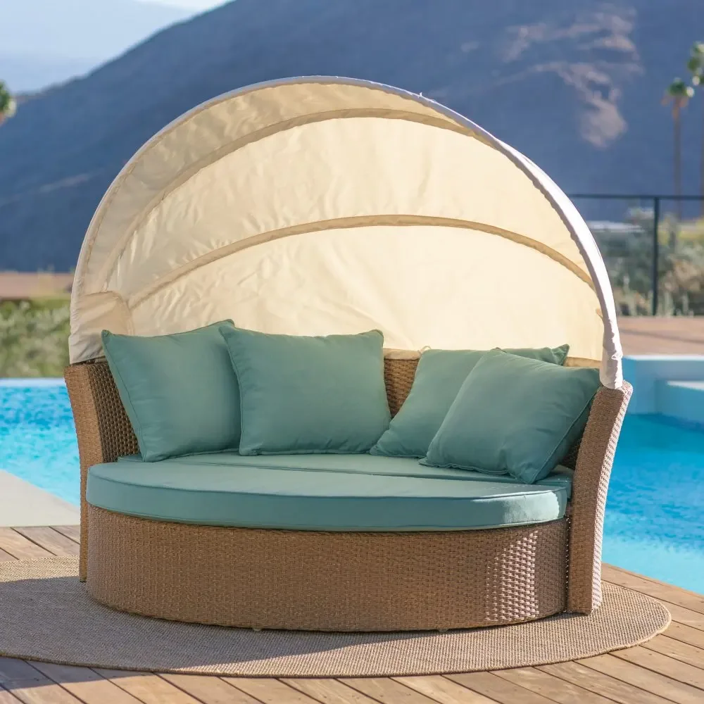 Outdoor bed rattan courtyard waterproof and anti-beach lounger pool round bed combination