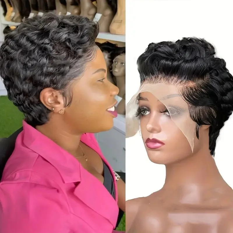 

Европейский и американский модный ультракороткий парик с африканской кружевной передней частью, кудрявыми волосами и воздушной челкой