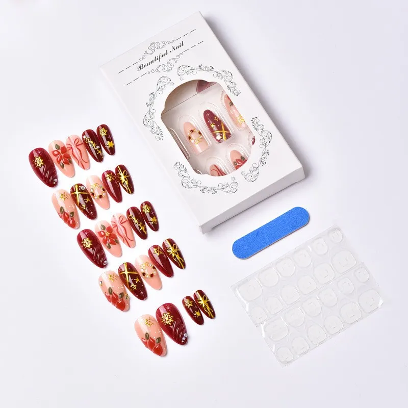 24 pièces 3D Relief presse sur ongles fleurs flocon de neige nœud de noël étoile perle acrylique faux ongles armure Festive Nail Art pour les femmes