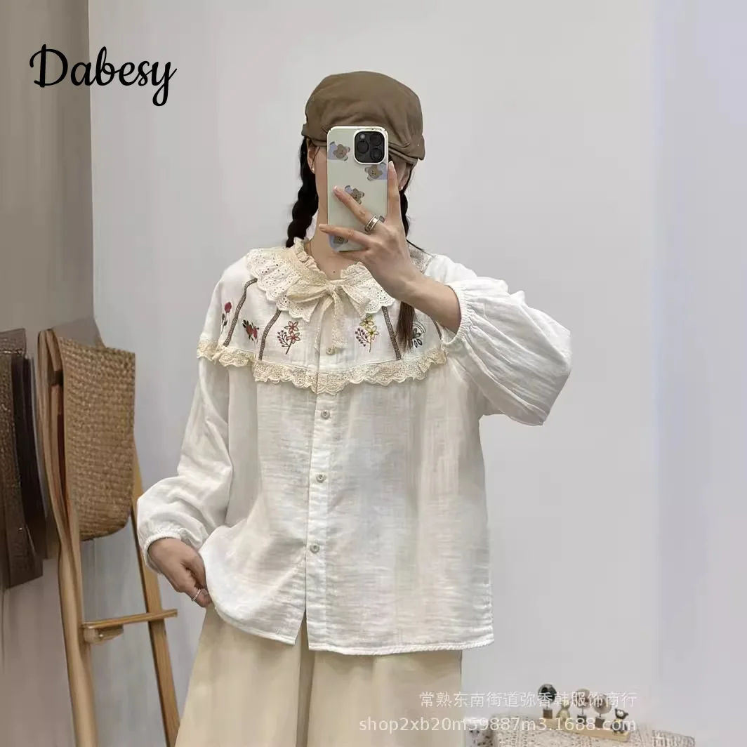 Japan Style Mori Girl Cotton Linen Shirt Women New Vintage Embroidery Ruffles Collar Patchwork single-breasted blouses Loose Top