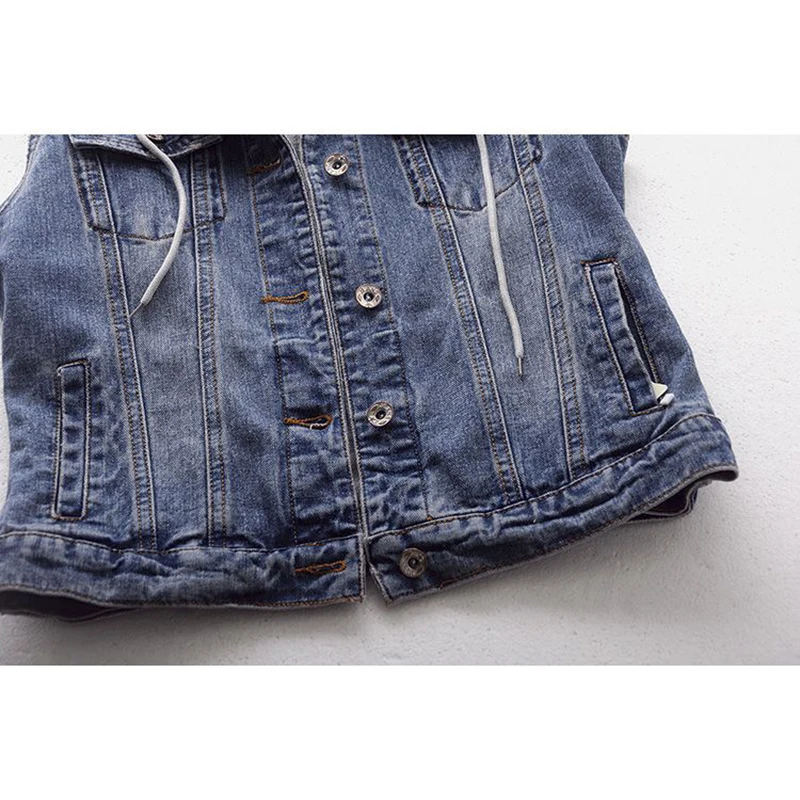 Detachable Hooded Pocket Denim Vest Women Loose Short Cowboy Waistcoat Spring Vintage Blue Sleeveless Jeans Jacket Coat Female