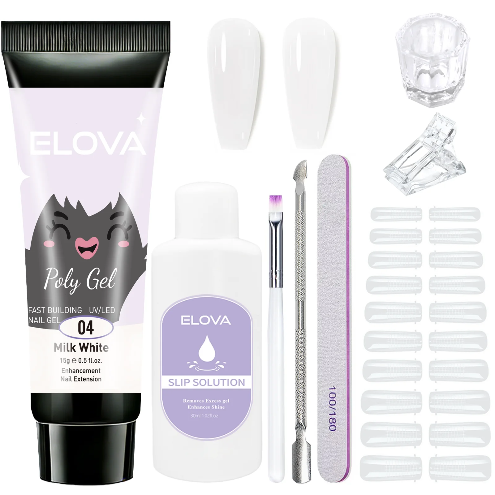 

Elova Polygel Nail Kit for Beginners: All-in-One Starter Set with 15ml Milk White Polygel, 35ml Slip Solution, Liquid Cup, 24 Du