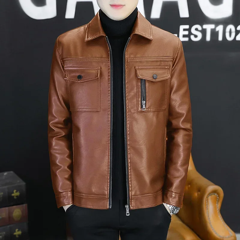 Men Outerwear Leather Moto Jacket Slim Fit Male High Quality PU Leather Coat for Men Lapel Leather Jacket Large Chest Pocket
