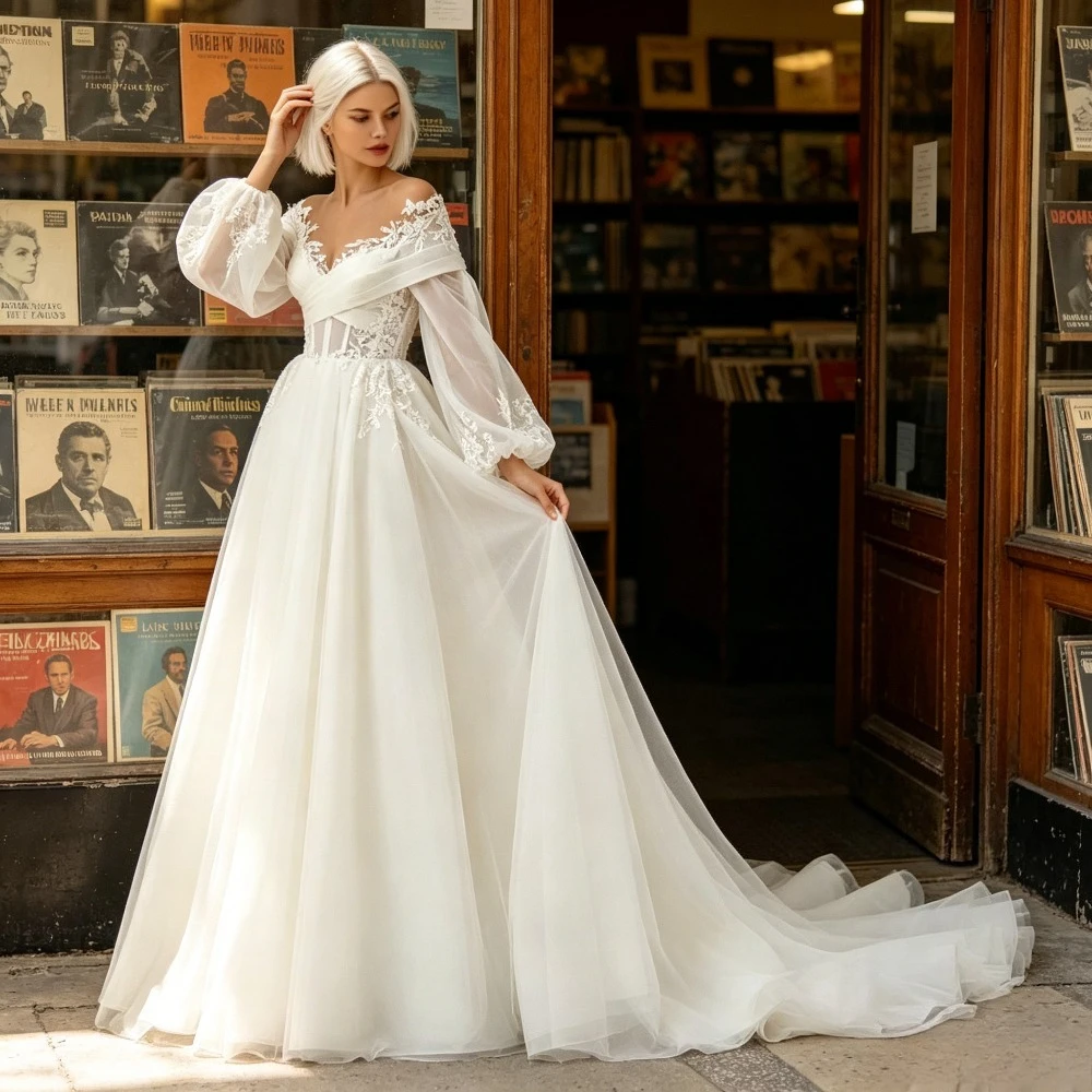 Customized 2026 Off Shoulder Sheer Lace Wedding Dresses with New Bubble Sleeves and A-line Skirt Suitable for Romantic Churches