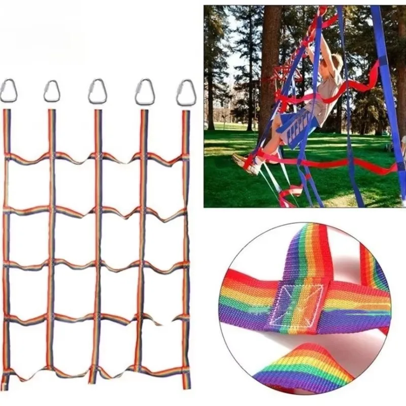 Outdoor Gekleurd Lint Klimnet Kinderen Indoor Avontuur Hangend Duurzaam 100KG Gewichtscapaciteit Driehoek Haak Speelschommel