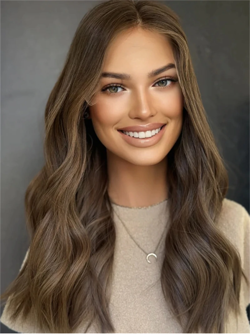Dark Brunette Brown with Money Pieces Full Lace Wig Synthetic HD Lace Front Wig Long Body Wave Premium Fibre Cosplay Daily Party