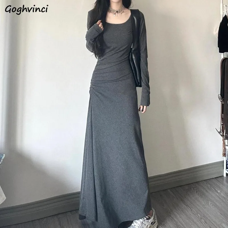 Slim Dresses Women Chic Empire Long Sleeve O-neck Shirring Defined Waist Ankle Length Autumn Basic Solid Hot Sexy Ulzzang Female