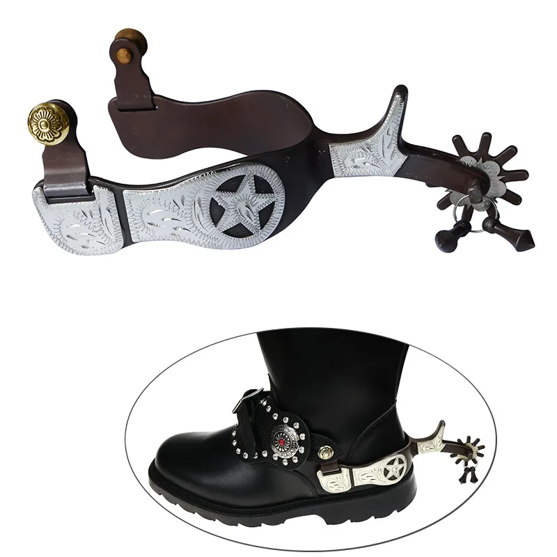 1 Pair Horse Spurs Antique Brass Western Style Spur with Hand Decoraation for Boots Men and Women for Equestrian Training