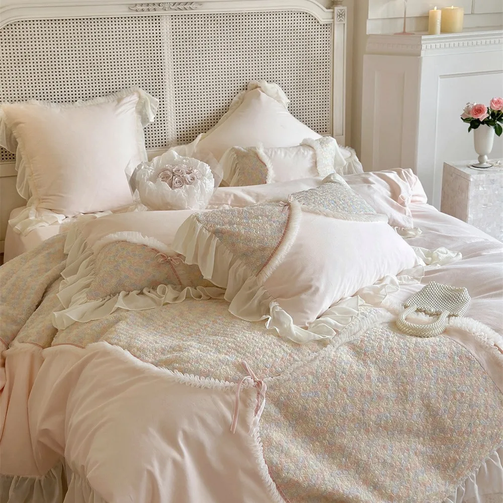 Fresh Cotton Polished Four-piece Set Warm in Autumn and Winter Thickened Princess Girl Lace Quilt Cover Bed Sheet Pillowcases