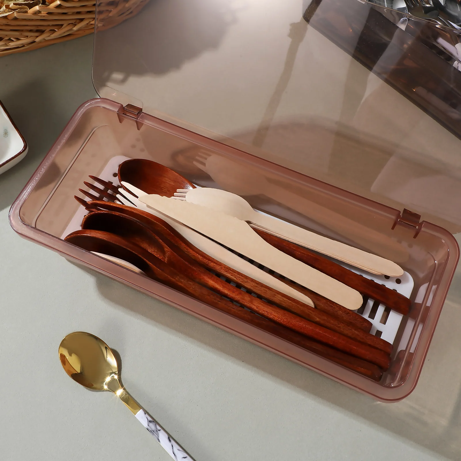 

2 pcs Flatware Trays With Lid Food-Grade Plastic Silverware Storage Box Drain Board Cutlery Organizer Utensil Container Kitchen
