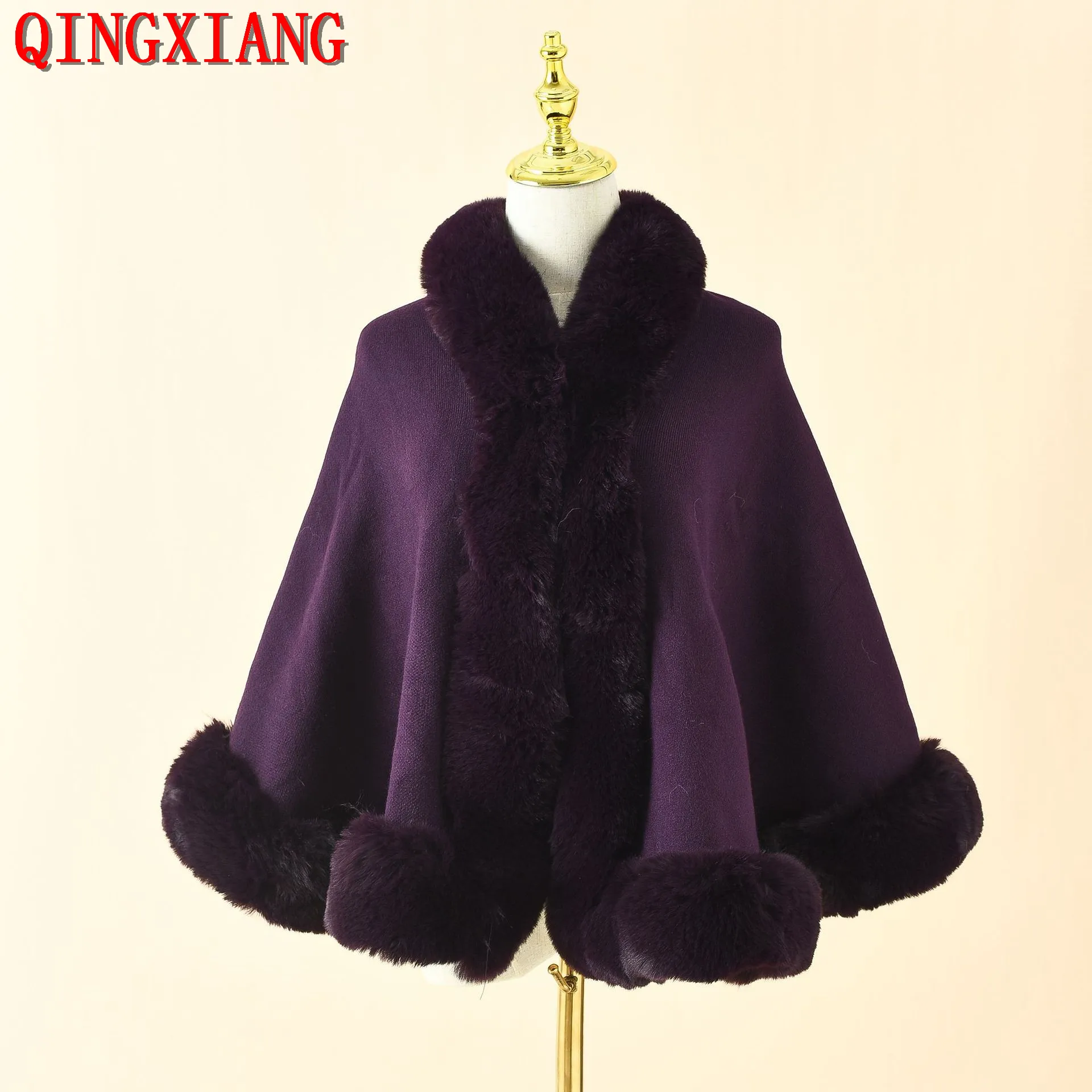 Big Faux Rabbit Fur Collar Winter Street Wear Cloak Women Wedding Party Capes Thick Warm Cardigan Outstreet Poncho Shawl Coat