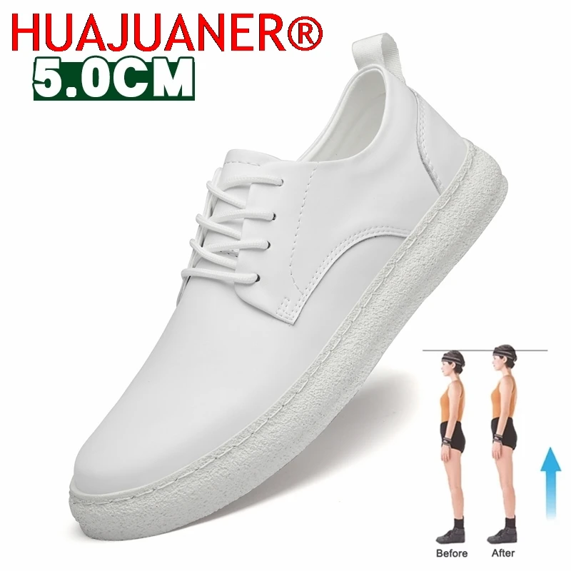Men's Genuine Leather Lift Sneakers Elevator Shoes Black Height Increasing Sports Men Flat/5cm White Casual Shoes Mocassins
