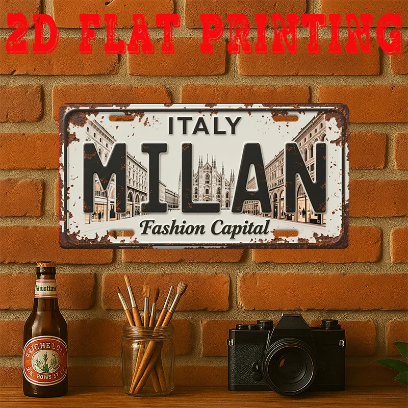 2D Flat Vintage Metal Tin Sign Milan Italy Duomo di Milano Cathedral Italian Flag Colors Retro Wall Art Plaque 11.8
