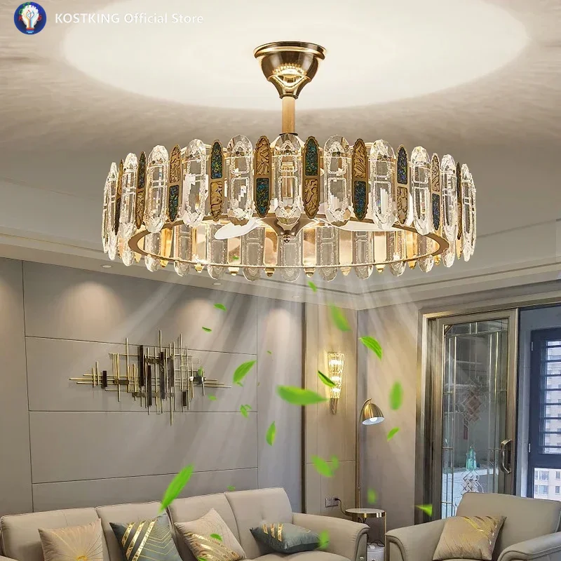 Modern Luxury Crystal Chandelier Intelligent LED Ceiling Fan Light For Living Room Bedroom Remote Mute Dimmable Ceiling Fan Lamp