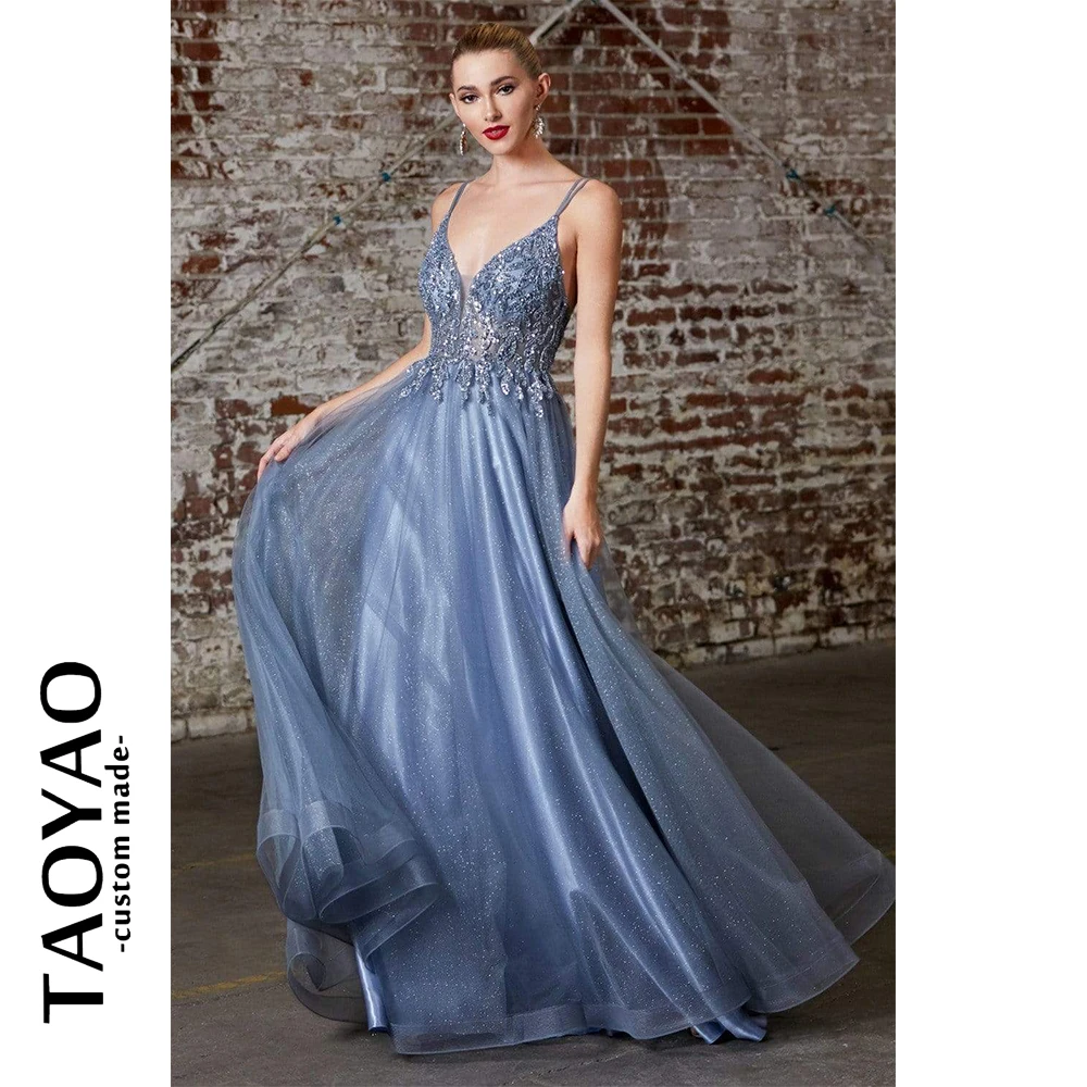 New A-Line Spaghetti Straps Sweetheart Evening Dresses Backless Party Dresses Beaded Appliques Tulle Prom Gowns Robe De Soirée