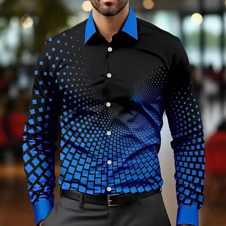 Casual Men's Versatile Fashion 3D Printed Geometric Pattern Men's Long Sleeve Shirt