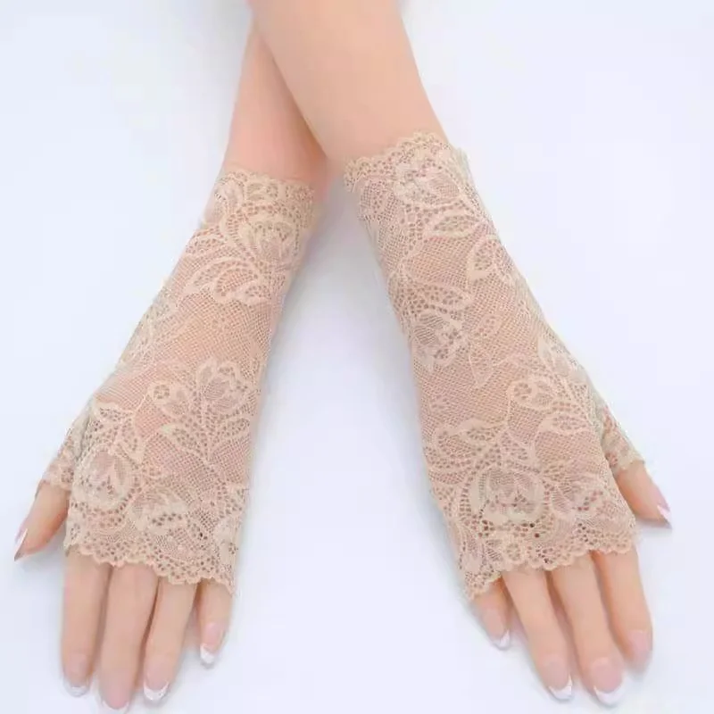 

Lace Half Finger Gloves Women's Summer Thin UV Protection Long Sleeve Driving Riding Breathable Touch Screen Compatible