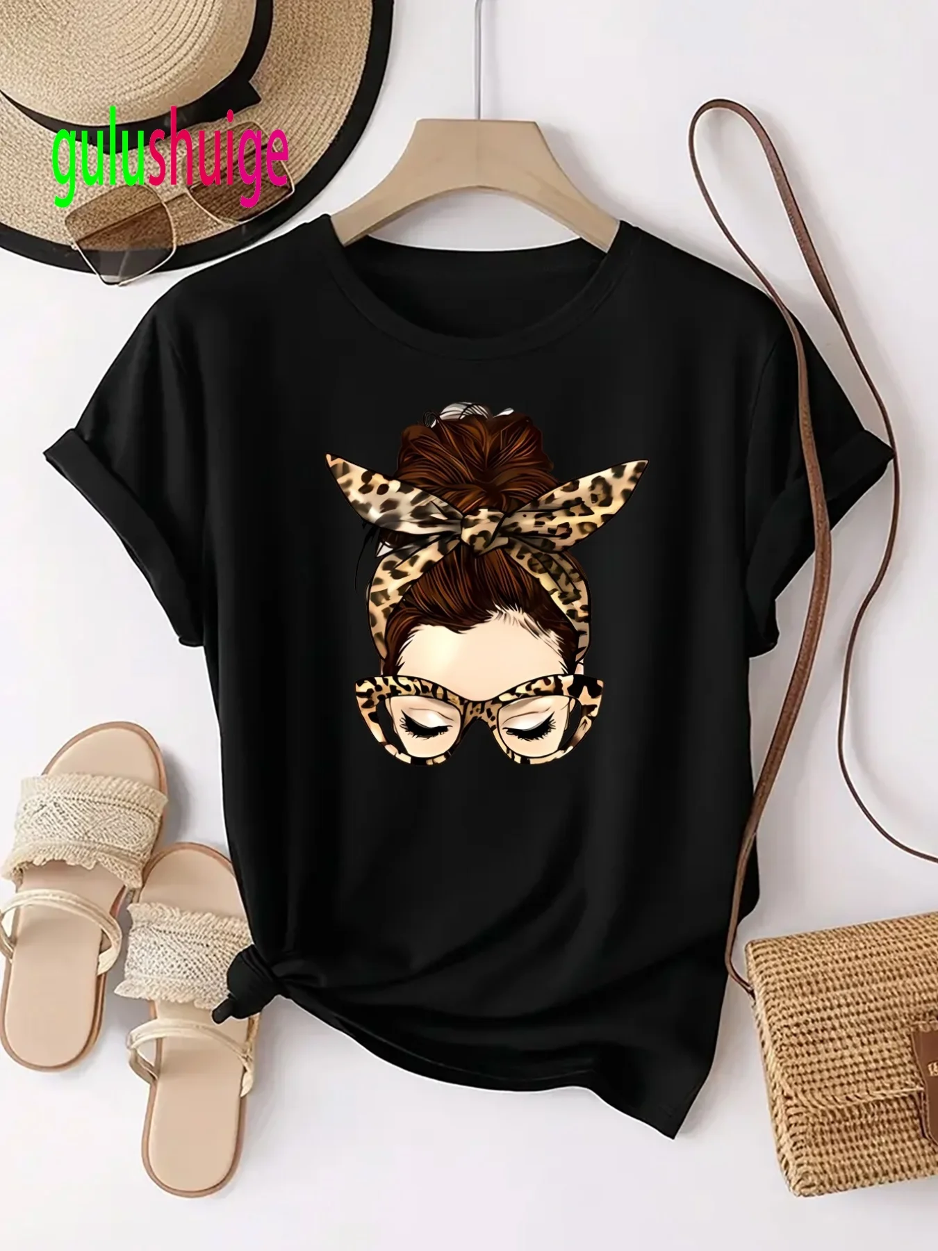Headband and Glasses Printed Design Individual Pattern Print Casual Round Neck Short Sleeve T-Shirt Women's Casual T Shirt Tops