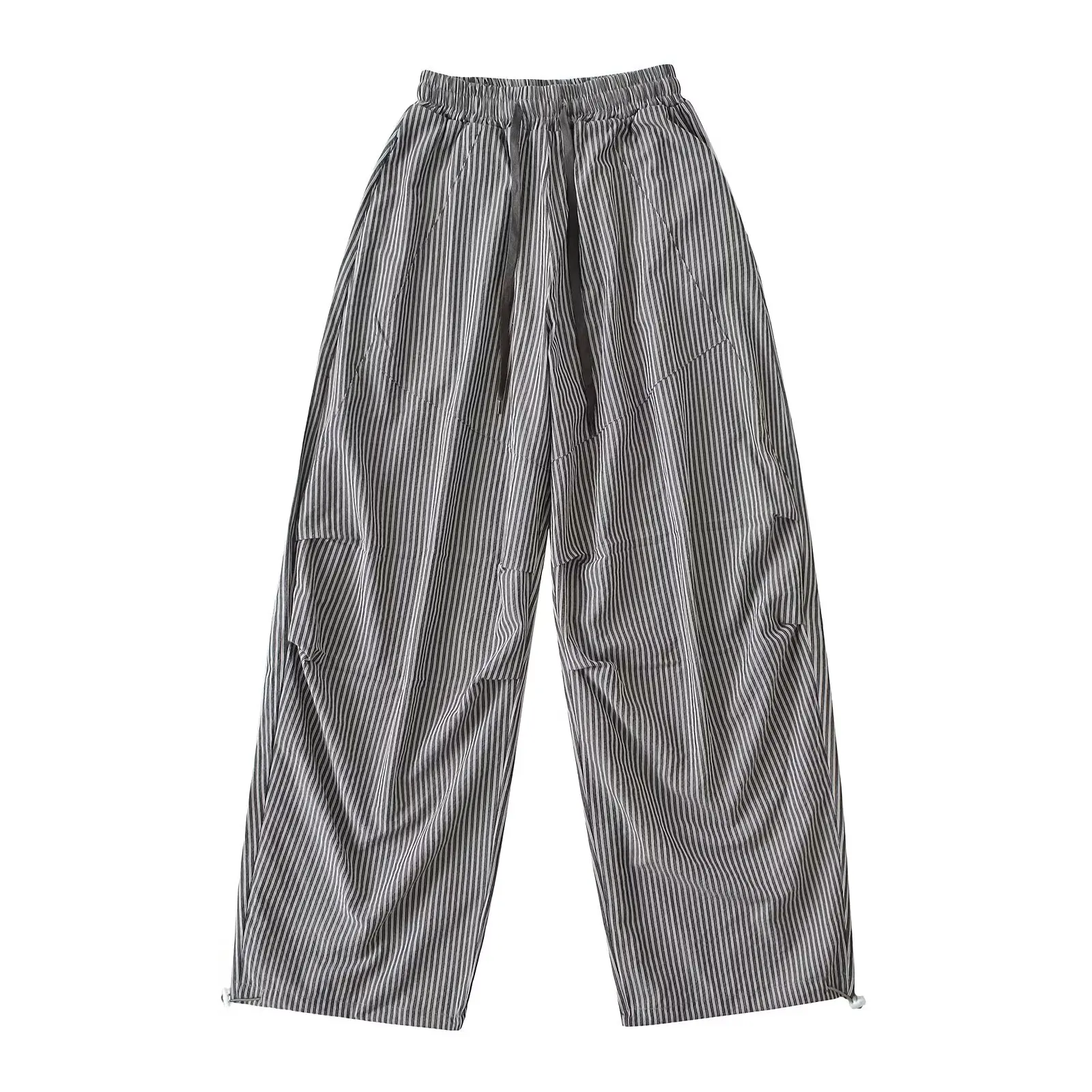 Duoperi moda feminina sólida listrado calças com cordão casual cintura alta elástica comprimento total feminino elegante chique senhora calças