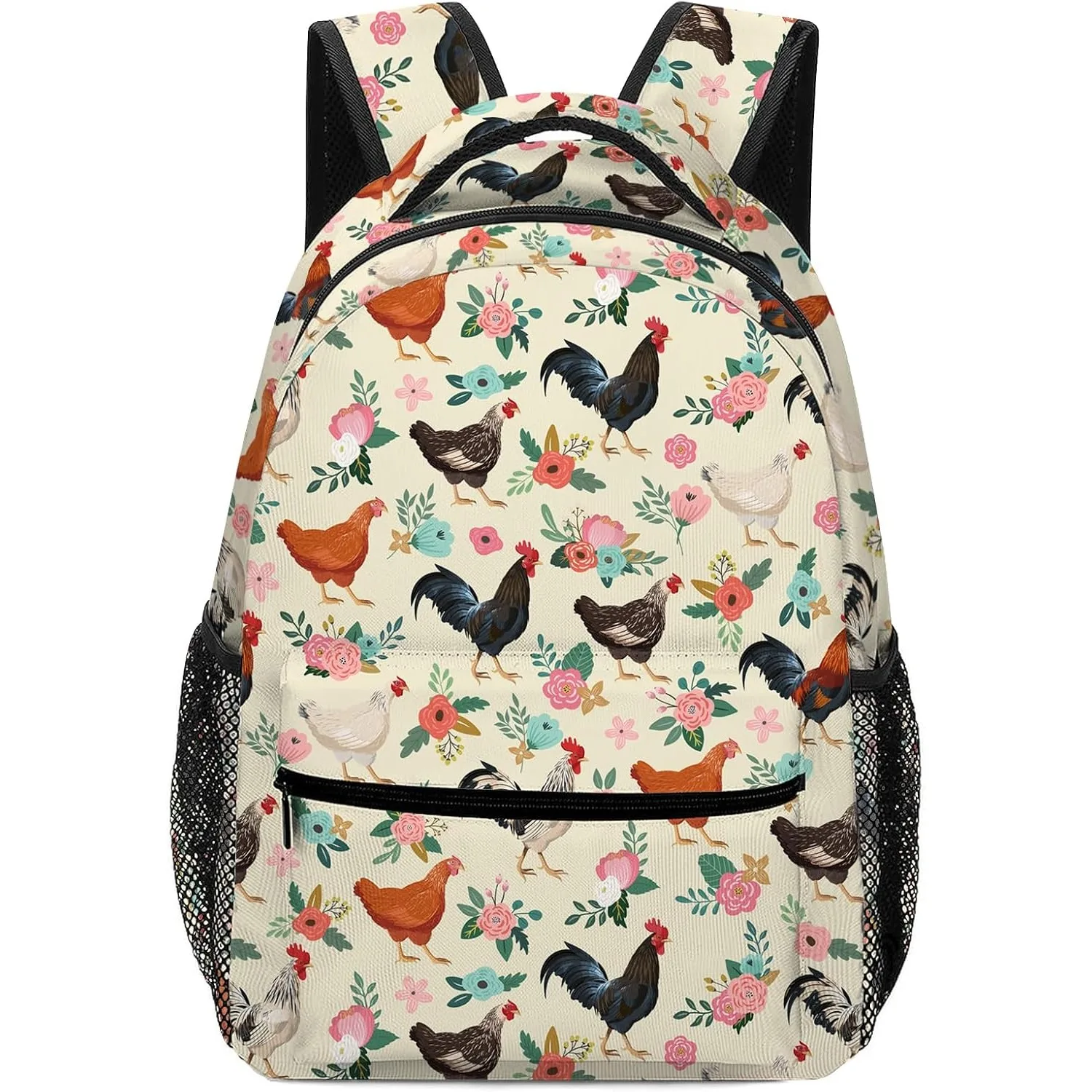 Floral Chicken Backpack Colorful Chicken and Flowers Beige Backpacks for School Farm Animal Bookbag Casual Travel Daypack