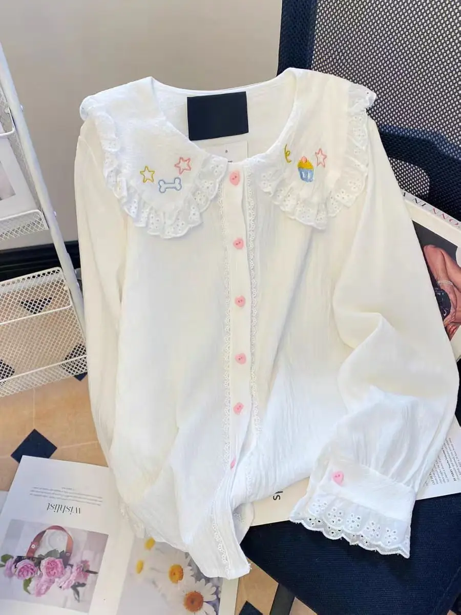 

Japanese Kawaii Cute Embroidery Shirts Women Blouse Peter Pan Collar Sweet Schoolgirl Lace Casual Y2k Tops Mujer 2026 Spring New