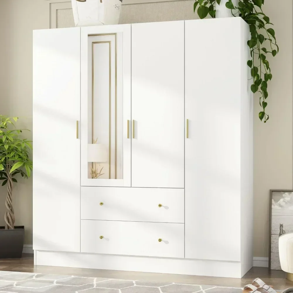 4-Door Wardrobe Closet with Mirror, Armoires and Wardrobes with Drawers Shelves, Armoire Wardrobe Closet with Hanging Rod, White