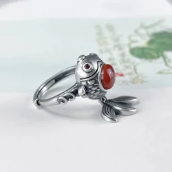 925 Silver Stereoscopic Crafts Koi Cute Fish Rings for Women Chinese Style Southern Red Tourmaline Ring Retro Simple Jewelry