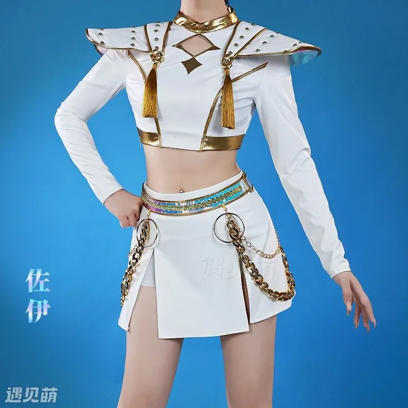 

KPop охотники на демонов белое кожаное сценическое пение платье Зои Мира Руми косплей костюм для Хэллоуина, карнавала, нарядная вечеринка