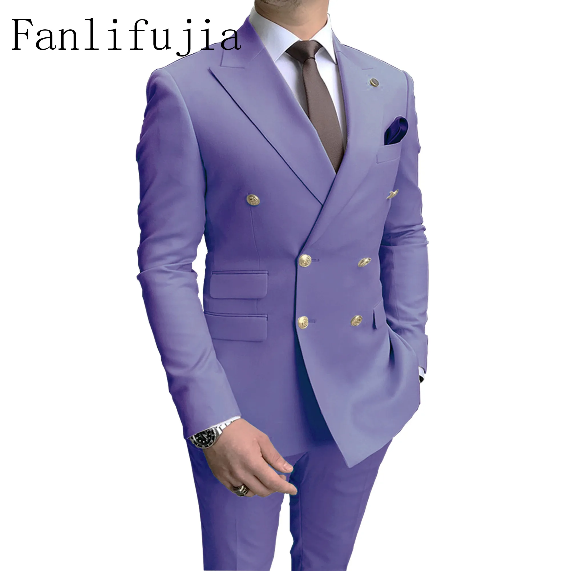 Fanlifujia Store 2024 Casual Sky Blue Men Suits Double Brested Peak Lapel  Gold Button Groom Wedding Tuxedos Best Costume Homme