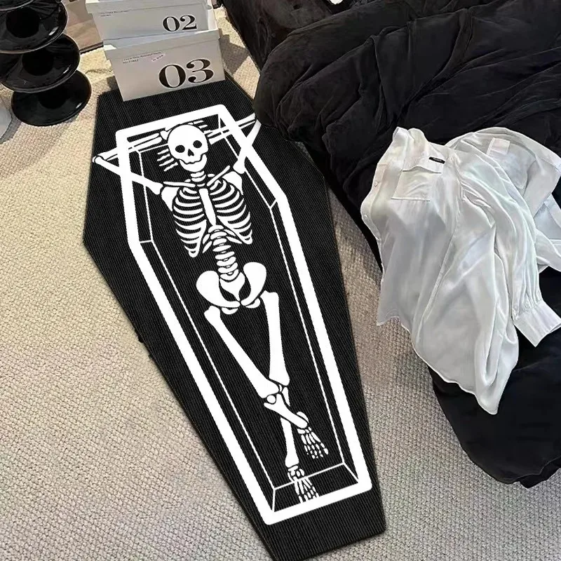 VIKAMA Coffin Shaped Ghost Runner Rug Gothic Drip Print Crystal Velvet Non Slip Spooky Halloween Bedroom Floor Decor Mat