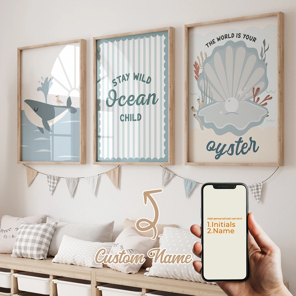 3pcs Personalized Custom Name Cartoon Whale Shells Wall Art Print Picture Canvas Poster Painting Living Room Home Decor