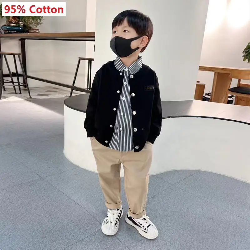 2024 Teens Boys Outfits Set Spring Autumn New Baby Black Single Breasted Knitted Coat+ Stripe Shirt+Khaki Pants 3pcs Casual Sets