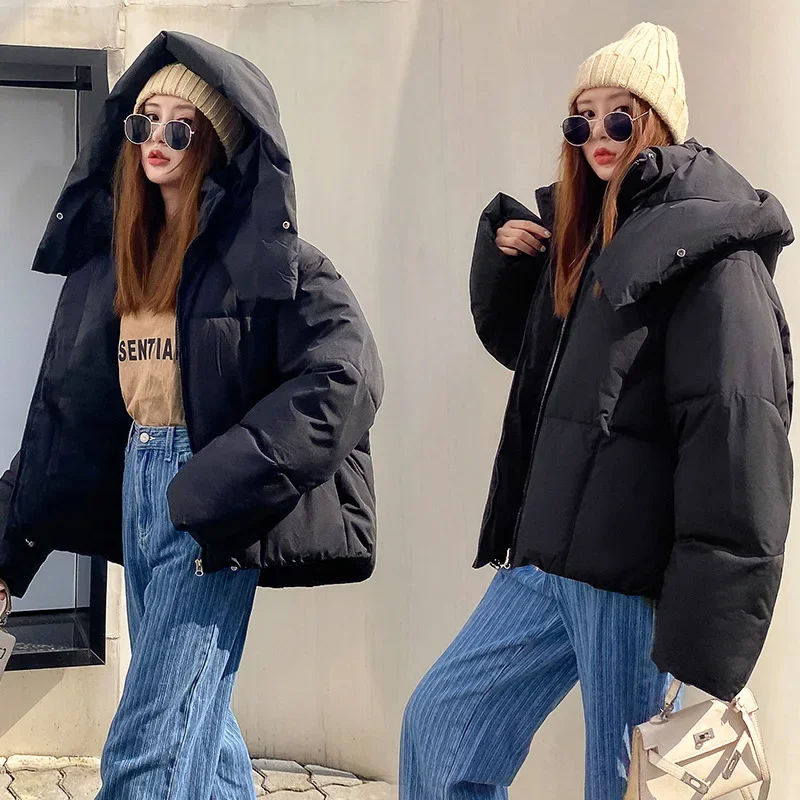 2024 inverno chique com capuz para baixo algodão puffer parka casacos feminino solto sólido engrossar jaqueta quente feminina nova moda zíperes