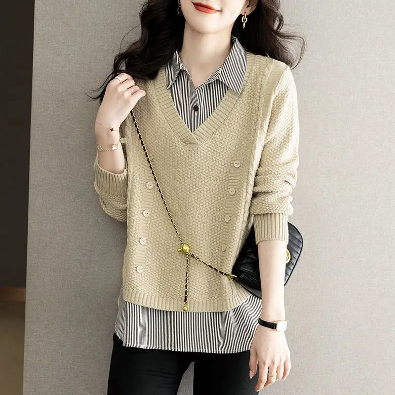 

New Fake Two Piece Top Knit Sweater Women's Splice Shirt Collar Spring Autumn Korean Loose Long Sleeve Sweater Female Pullover