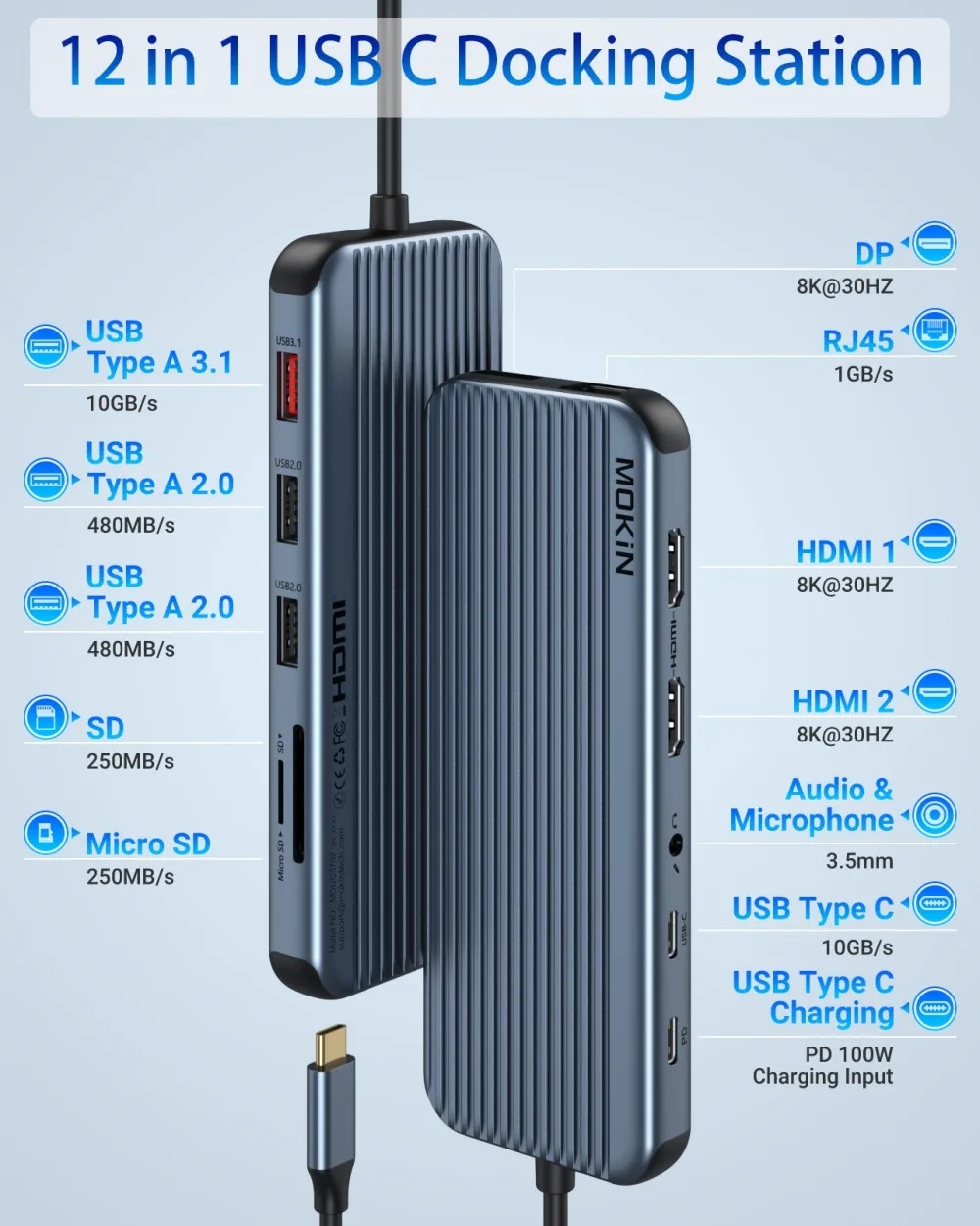MOKiN 8K HDMI USB C, stasiun Dok Hub USB 3.1 10Gbps adaptor Hub tiga tampilan HDMI/VGA/DP PD3.0 100W untuk MacBook Pro Air PC