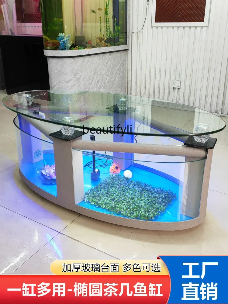 

zqxOval Coffee Table Fish Tank Living Room Ecological Aquarium Glass Desktop Creativity Free Water Tank