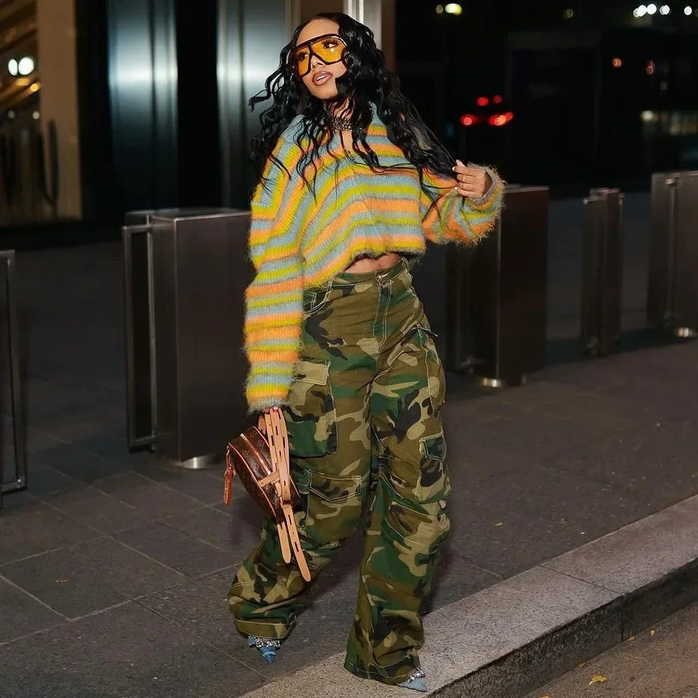 Ropa de calle, pantalones vaqueros informales de camuflaje para mujer, pantalones holgados rectos de pierna ancha, pantalones Cargo con múltiples bolsillos de cintura alta, pantalones de otoño